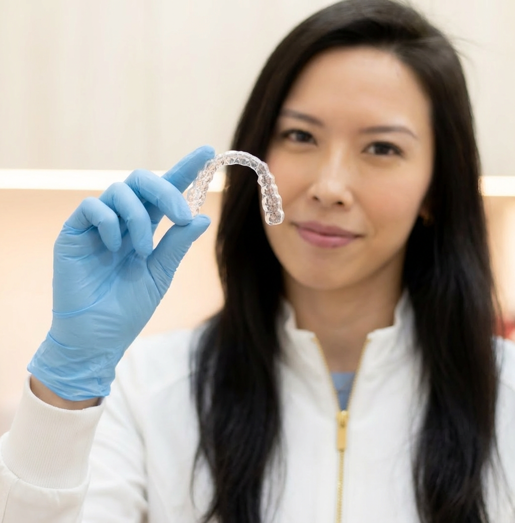 Dr. Alexia Kwan holding a clear Invisalign aligner up to the light